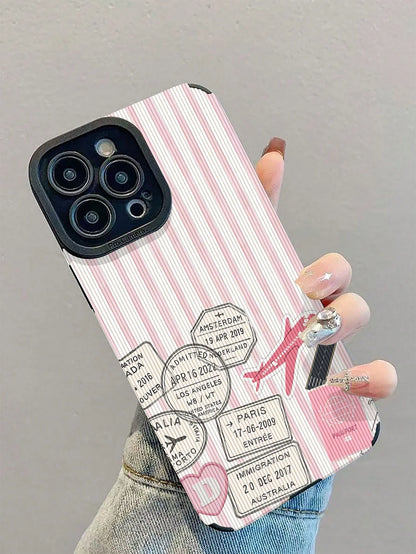 1pc New Fashion Personalized Pink & White Striped Airplane Stamp Pattern Shockproof Leather Phone Case, Daily Protection Essential, Style, Perfect Gift For Friends, Family, Etc., For IPhone17/17Air/17