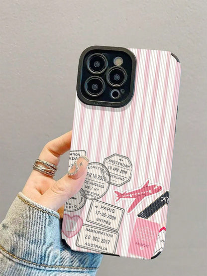 1pc New Fashion Personalized Pink & White Striped Airplane Stamp Pattern Shockproof Leather Phone Case, Daily Protection Essential, Style, Perfect Gift For Friends, Family, Etc., For IPhone17/17Air/17