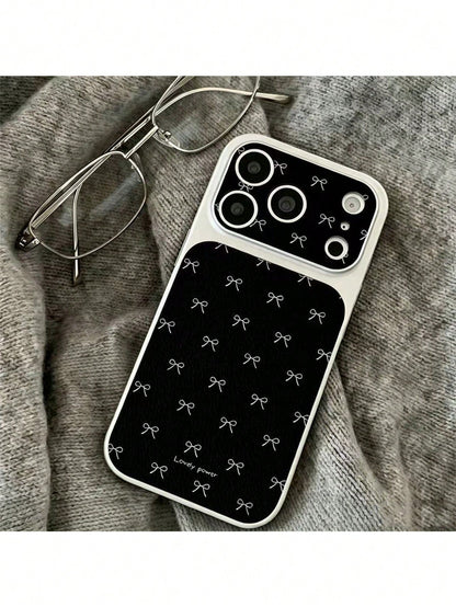 1pc New Korean Ins Style Silver Shell Black Bowknot Letter Phone Case, Minimalist Premium, Compatible With Apple 17pm, Apple 16, Apple 15p, Apple 14plus, Apple 13, Apple 12pm, Apple 11, Fashionable Ni
