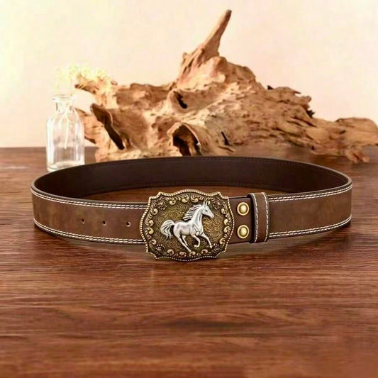 1pc New Western Cowboy Style Women's Belt, Men's Belt, Casual Vintage Bohemian Street Style PU Leather Belt, High-Quality Horse-Shaped Buckle Belt, Unisex, Suitable For Jeans, Wearable All Seasons