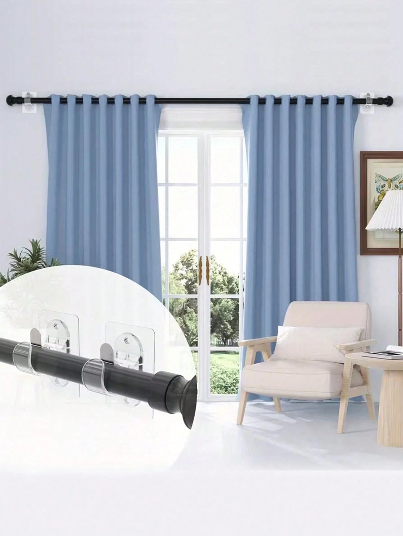 1pc No-Drill Self-Adhesive Curtain Rod Bracket, Adjustable Curtain Rod Hook Without Nails, Suitable For Bathroom, Kitchen, Hotel