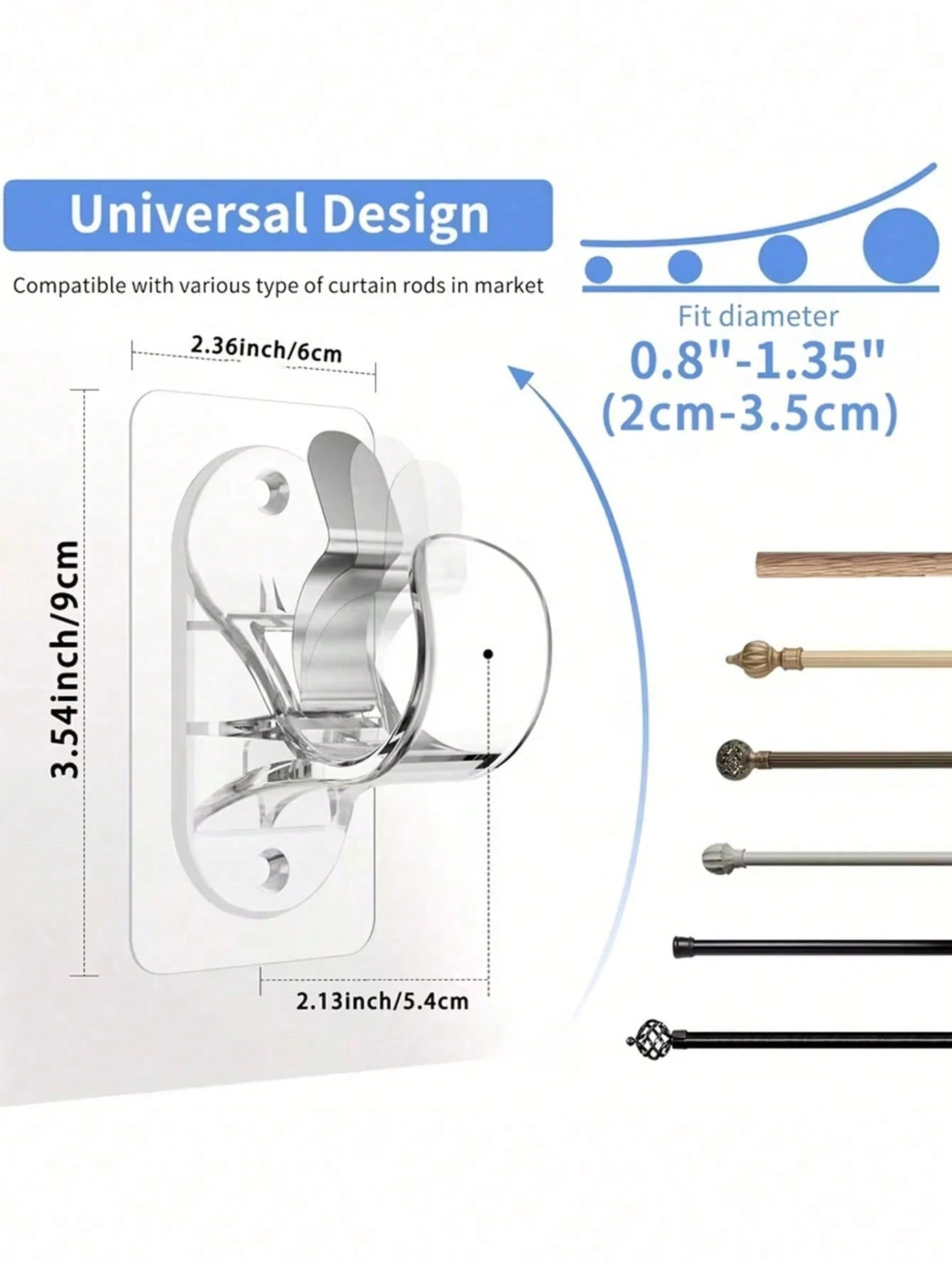 1pc No-Drill Self-Adhesive Curtain Rod Bracket, Adjustable Curtain Rod Hook Without Nails, Suitable For Bathroom, Kitchen, Hotel