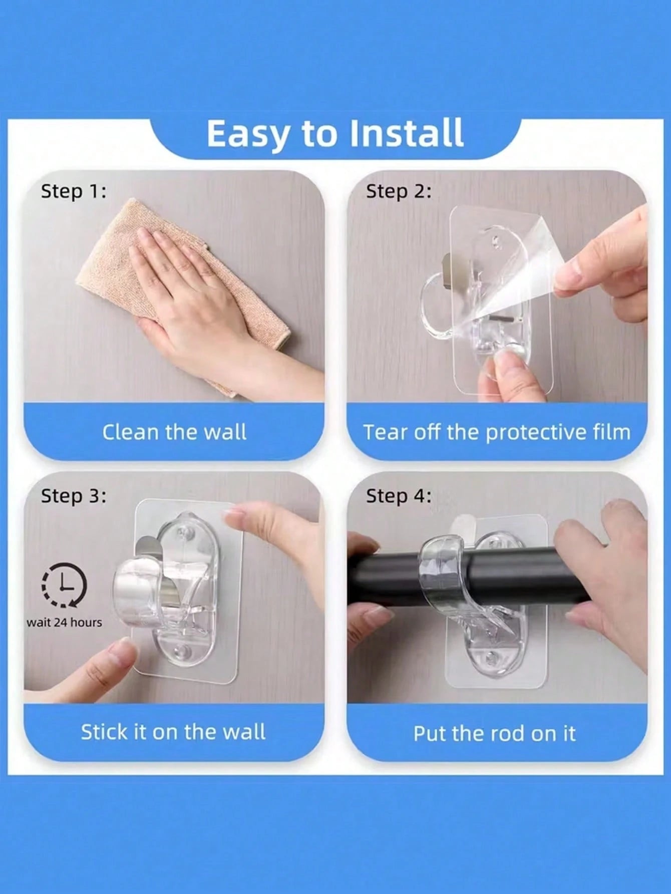 1pc No-Drill Self-Adhesive Curtain Rod Bracket, Adjustable Curtain Rod Hook Without Nails, Suitable For Bathroom, Kitchen, Hotel