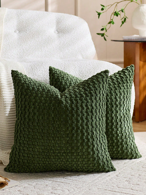 1pc Olive Green Bohemian Striped Throw Pillow Cover (Pillow Insert Not Included), Soft Plush Corduroy Solid Color Decorative Square Pillow Sham, Suitable For Holiday, Sofa, Bedroom, Bed, All Seasons