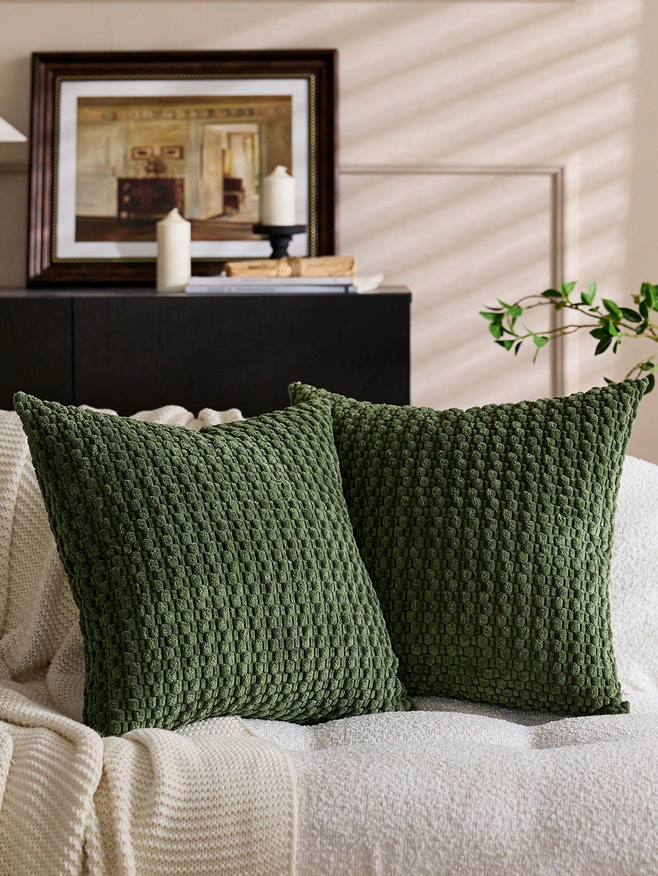 1pc Olive Green Bohemian Striped Throw Pillow Cover (Pillow Insert Not Included), Soft Plush Corduroy Solid Color Decorative Square Pillow Sham, Suitable For Holiday, Sofa, Bedroom, Bed, All Seasons