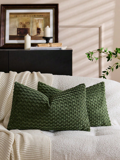 1pc Olive Green Bohemian Striped Throw Pillow Cover (Pillow Insert Not Included), Soft Plush Corduroy Solid Color Decorative Square Pillow Sham, Suitable For Holiday, Sofa, Bedroom, Bed, All Seasons
