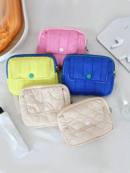 1pc Padded CCD Camera Storage Bag, Embroidered Bow Pattern Coin Purse, Mini Camera Protective Case, Flip-Cover Coin Pouch, Large Capacity Card Holder Bag, Cute Plaid Lipstick Pouch, Fashionable Black