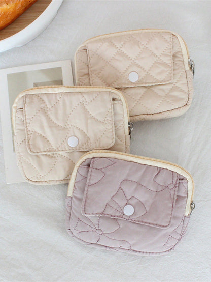1pc Padded CCD Camera Storage Bag, Embroidered Bow Pattern Coin Purse, Mini Camera Protective Case, Flip-Cover Coin Pouch, Large Capacity Card Holder Bag, Cute Plaid Lipstick Pouch, Fashionable Black