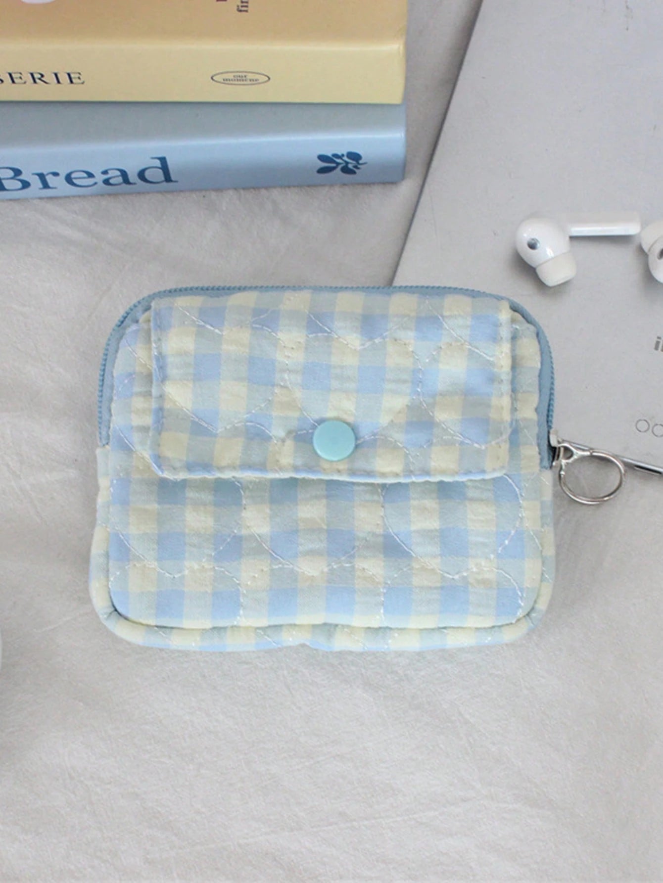 1pc Padded CCD Camera Storage Bag, Embroidered Bow Pattern Coin Purse, Mini Camera Protective Case, Flip-Cover Coin Pouch, Large Capacity Card Holder Bag, Cute Plaid Lipstick Pouch, Fashionable Black