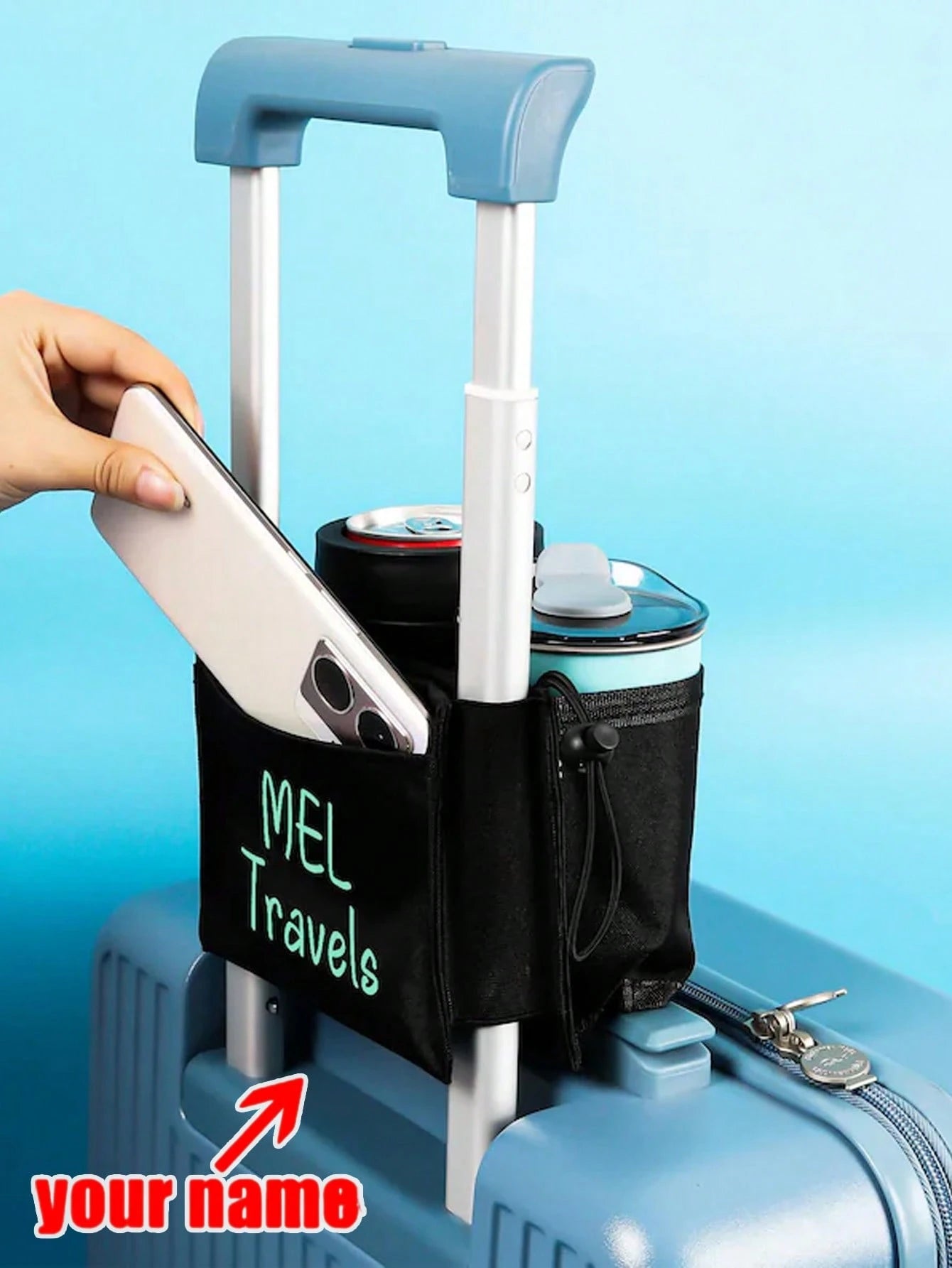 1pc Personalized Luggage Cup Holder With Phone Pocket, Customized Luggage Handle Drink Holder With Cup, Foldable Travel Accessory, Hands-Free Travel Accessory, Fits All Luggage Handles, Drink Bottle B