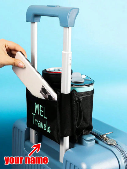 1pc Personalized Luggage Cup Holder With Phone Pocket, Customized Luggage Handle Drink Holder With Cup, Foldable Travel Accessory, Hands-Free Travel Accessory, Fits All Luggage Handles, Drink Bottle B