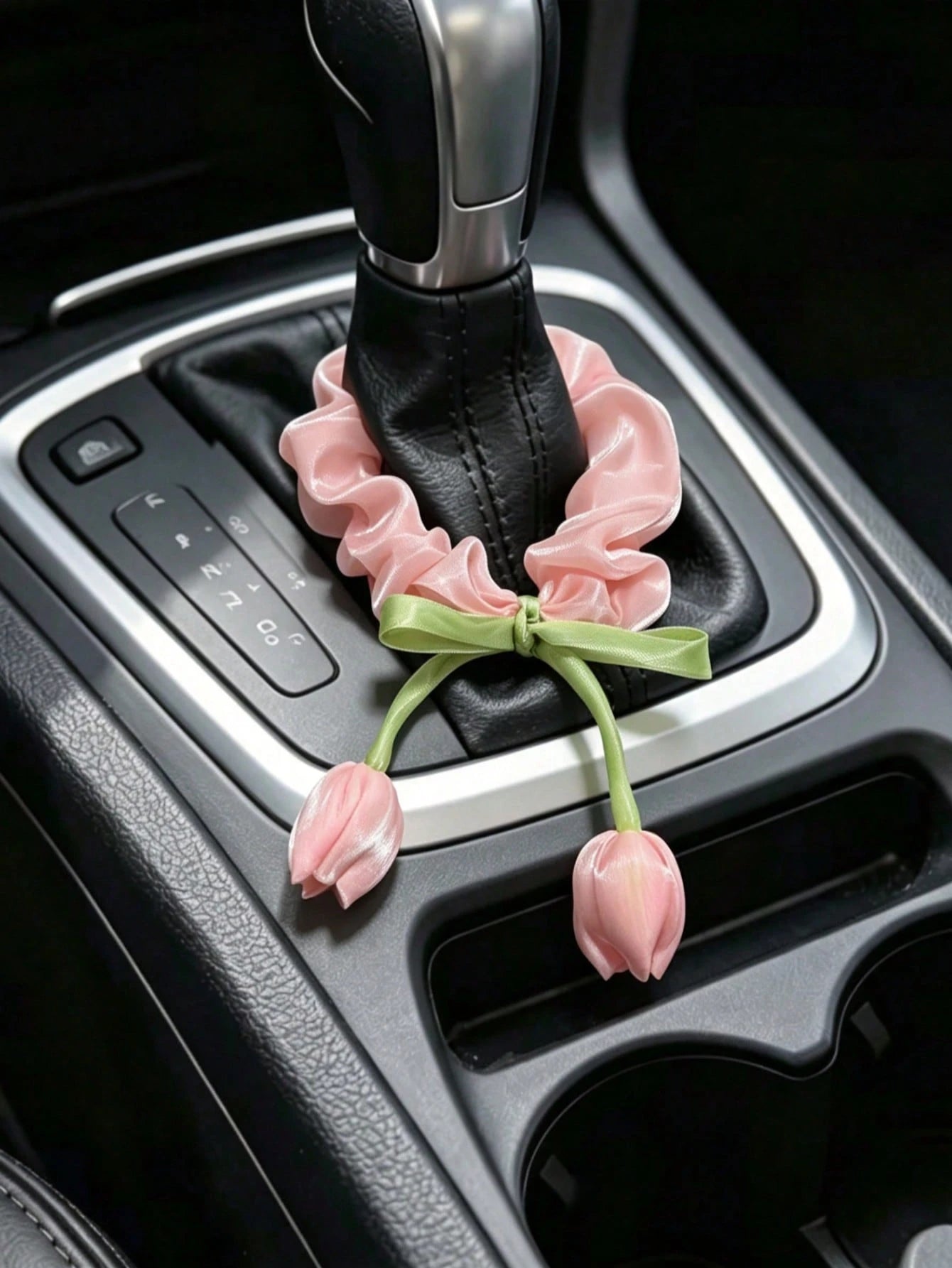 1pc Pink And White Tulip Car Gear Shift Decor, Women's Car Interior Decoration Accessory