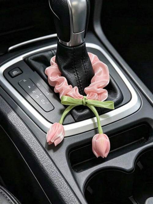 1pc Pink And White Tulip Car Gear Shift Decor, Women's Car Interior Decoration Accessory