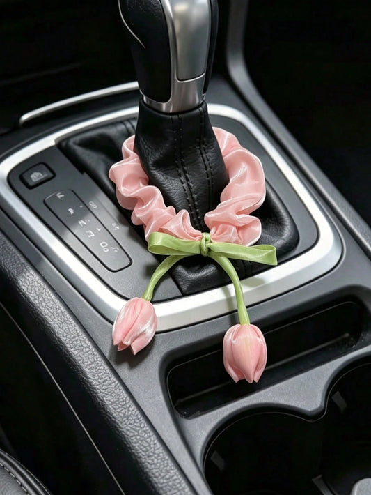 1pc Pink And White Tulip Car Gear Shift Decor, Women's Car Interior Decoration Accessory