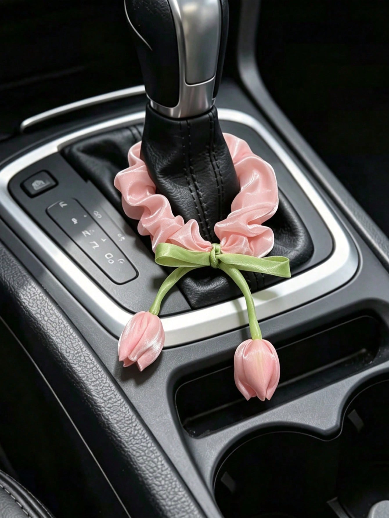 1pc Pink And White Tulip Car Gear Shift Decor, Women's Car Interior Decoration Accessory