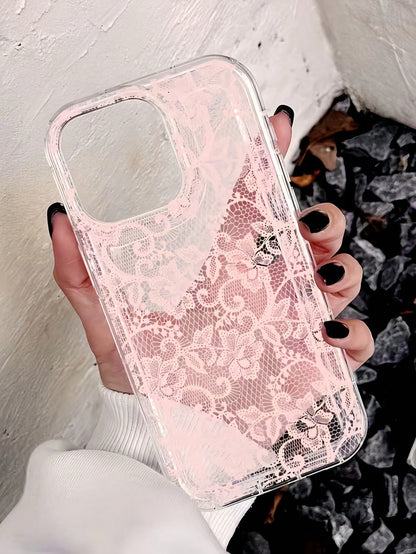 1pc Pink Lace Fashion Shock-Absorbing Air Cushion Transparent Plaid Pattern Phone Case, Personalized Protective Cover Compatible With IPhone 16 Pro Max, 17/16/15/14 Plus/13/12/11, Air, Series Spring E