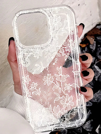 1pc Pink Lace Fashion Shock-Absorbing Air Cushion Transparent Plaid Pattern Phone Case, Personalized Protective Cover Compatible With IPhone 16 Pro Max, 17/16/15/14 Plus/13/12/11, Air, Series Spring E