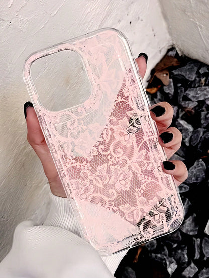 1pc Pink Lace Fashion Shock-Absorbing Air Cushion Transparent Plaid Pattern Phone Case, Personalized Protective Cover Compatible With IPhone 16 Pro Max, 17/16/15/14 Plus/13/12/11, Air, Series Spring E