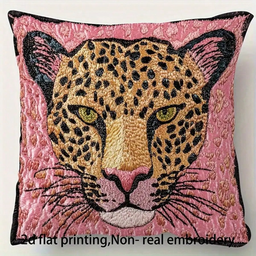 1pc Pink Leopard Print Throw Pillow Cover, 2D Embroidery-Like Graphic, 18"X18", Soft Plush Fabric, Zippered, Suitable For Living Room, Sofa, Bedroom Decor, Insert Not Included