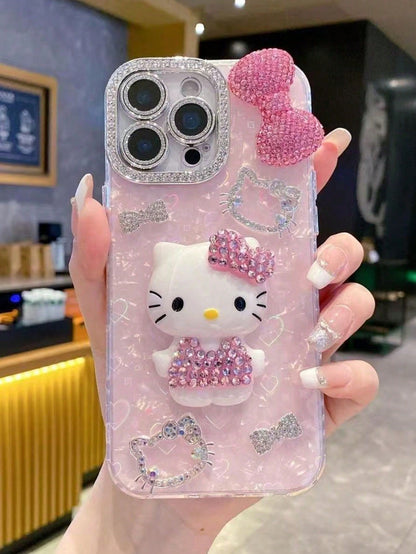 1pc Pink Rhinestone Sanrio Hello Kitty Cartoon Big Bow Rhinestone Full Coverage Luxury Women's TPU Shockproof Phone Case Protective Cover Compatible With IPhone 11/12/13/14/15/16/17 PRO MAX, Sanrio, K