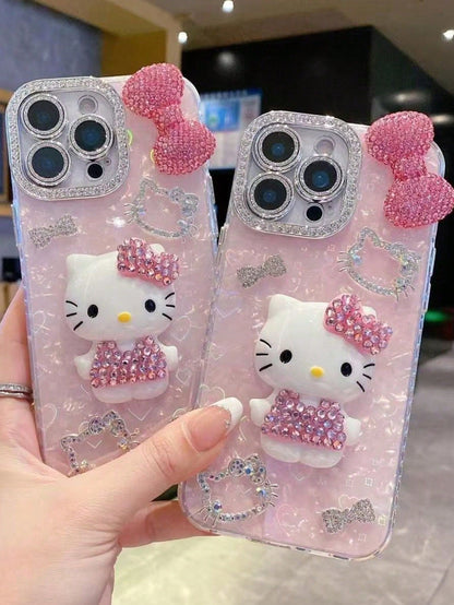 1pc Pink Rhinestone Sanrio Hello Kitty Cartoon Big Bow Rhinestone Full Coverage Luxury Women's TPU Shockproof Phone Case Protective Cover Compatible With IPhone 11/12/13/14/15/16/17 PRO MAX, Sanrio, K