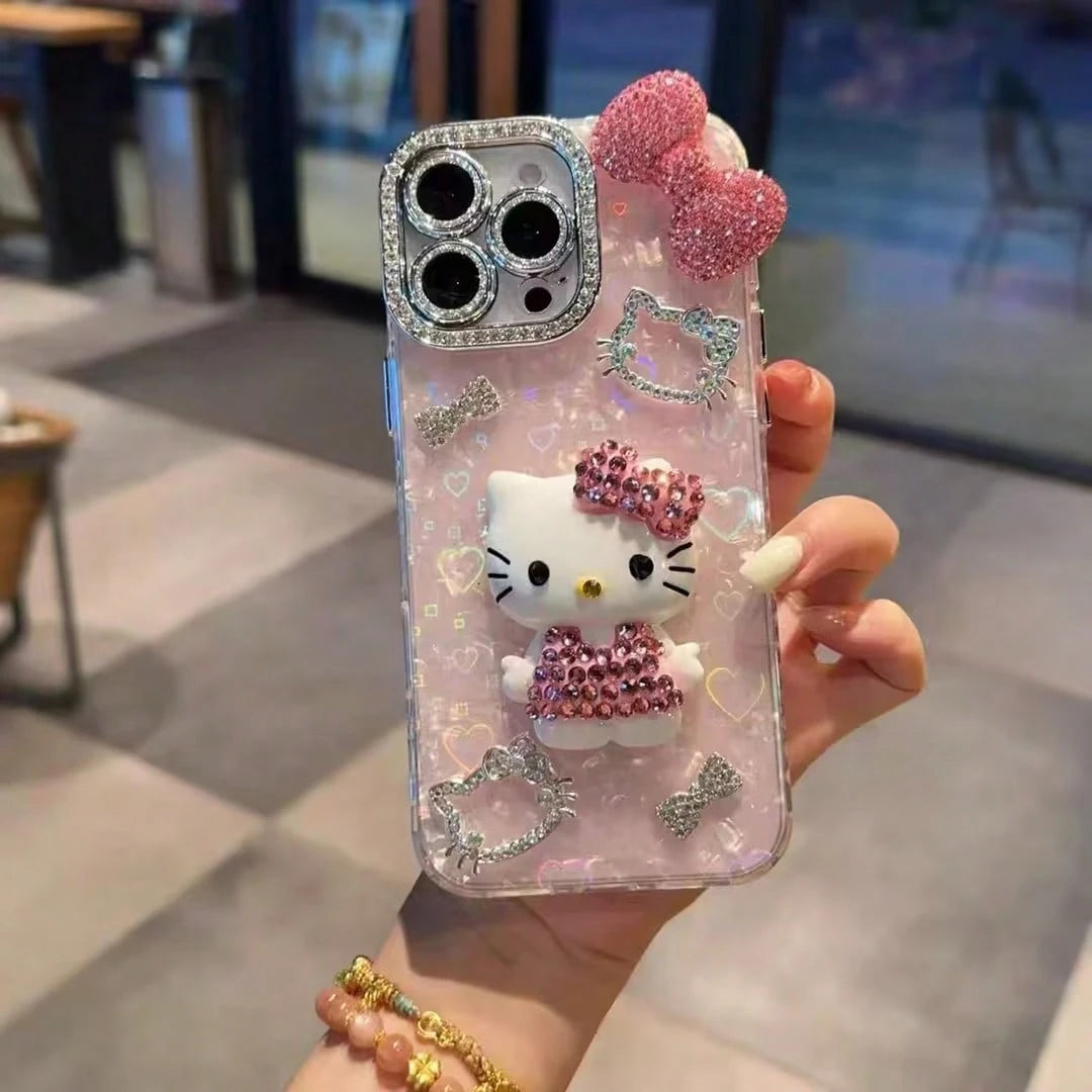 1pc Pink Rhinestone Sanrio Hello Kitty Cartoon Big Bow Rhinestone Full Coverage Luxury Women's TPU Shockproof Phone Case Protective Cover Compatible With IPhone 11/12/13/14/15/16/17 PRO MAX, Sanrio, K