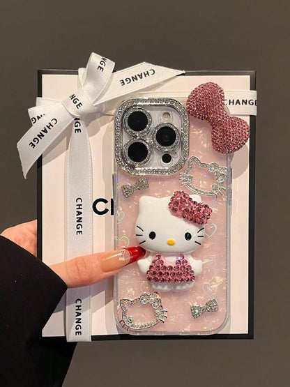 1pc Pink Rhinestone Sanrio Hello Kitty Cartoon Big Bow Rhinestone Full Coverage Luxury Women's TPU Shockproof Phone Case Protective Cover Compatible With IPhone 11/12/13/14/15/16/17 PRO MAX, Sanrio, K