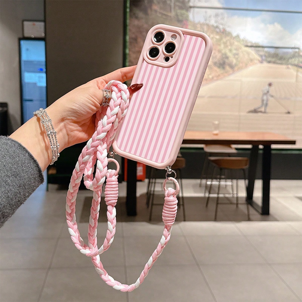 1pc Pink Striped Pattern, Large Hole Leather Texture Pink Shockproof Phone Case, TPU Material, Suitable As Holiday Gift, Compatible With Apple Xs/Xsmax/Xr/11 12 13 14 15 16pro/Promax/14 15 16plus/17