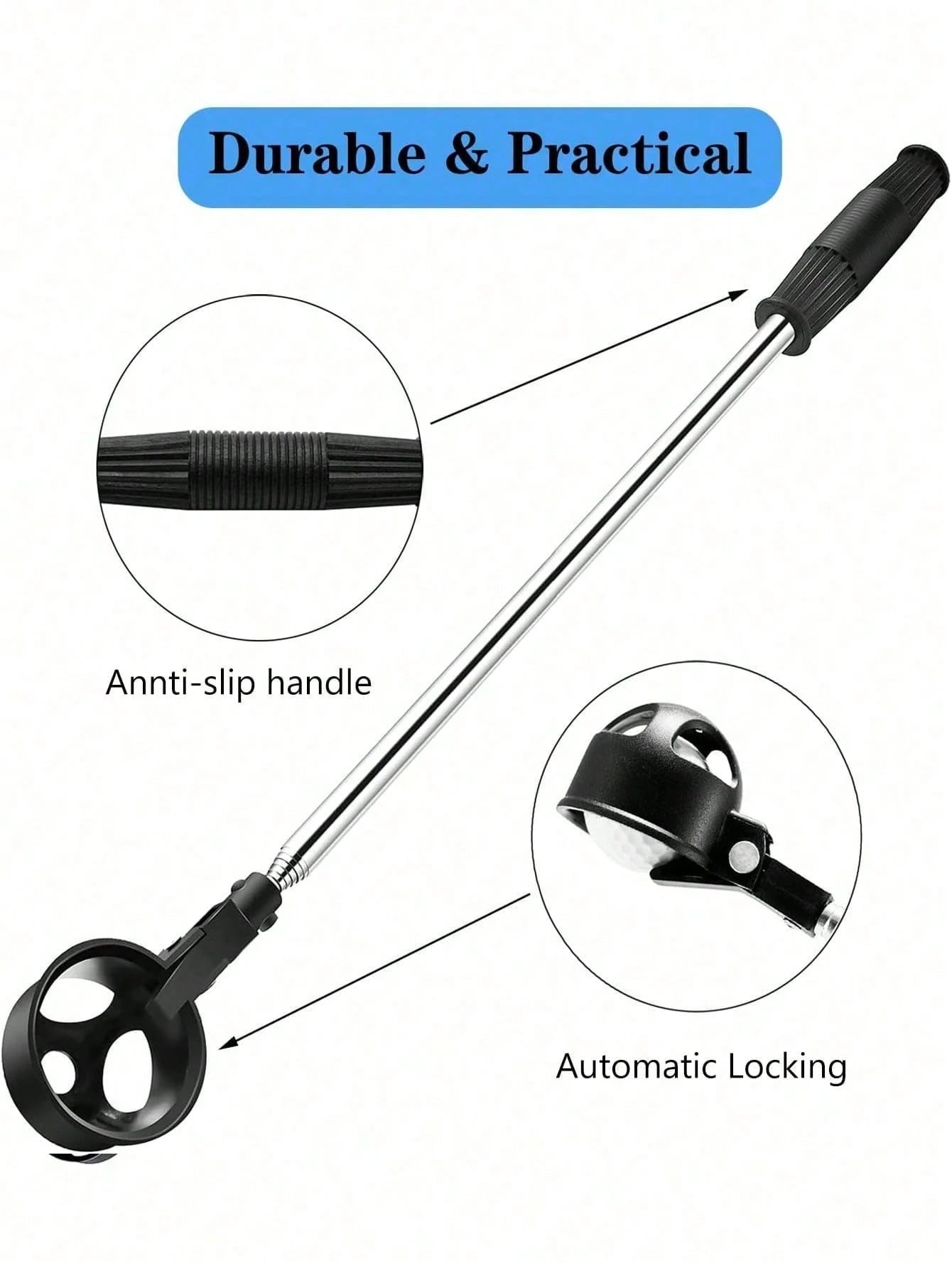 1pc Portable Stainless Steel Golf Ball Retriever- Durable & Adjustable, Extends Up To 195cm/76.77in, Suitable For Water Golf Balls, Telescopic Golf Accessory, Fit For All Golfers