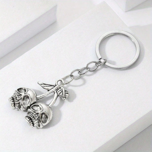 1pc Punk Vintage Gothic Skull Keychain With Cherry Blossom Pendant- Avant-Garde Hip Hop Style Durable Metal Car And Bag Accessory Polished Metal Finish Halloween