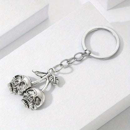 1pc Punk Vintage Gothic Skull Keychain With Cherry Blossom Pendant- Avant-Garde Hip Hop Style Durable Metal Car And Bag Accessory Polished Metal Finish Halloween