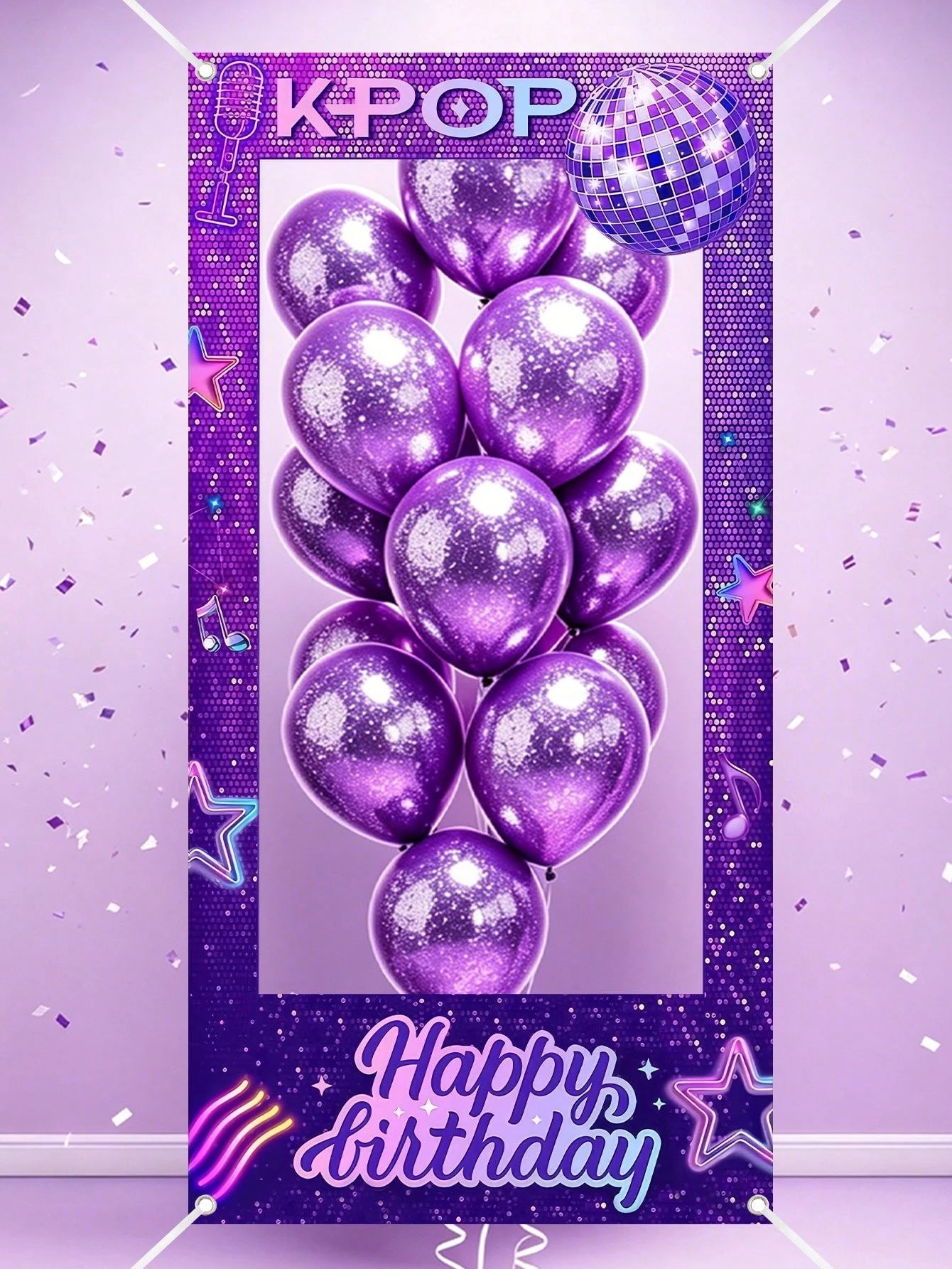 1pc Purple Birthday Photo Booth Frame 120x60cm K-POP Happy Birthday Selfie Photo Backdrop Boys Girls Birthday Party Supplies Background Decor