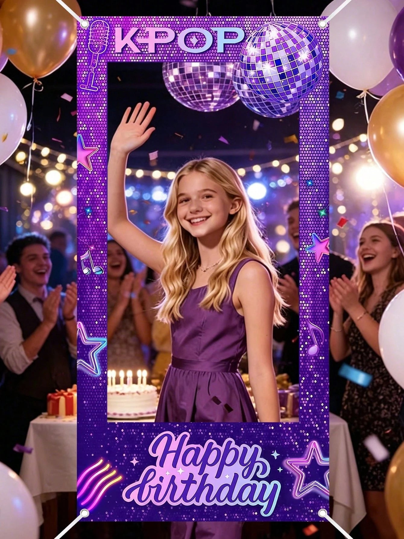 1pc Purple Birthday Photo Booth Frame 120x60cm K-POP Happy Birthday Selfie Photo Backdrop Boys Girls Birthday Party Supplies Background Decor