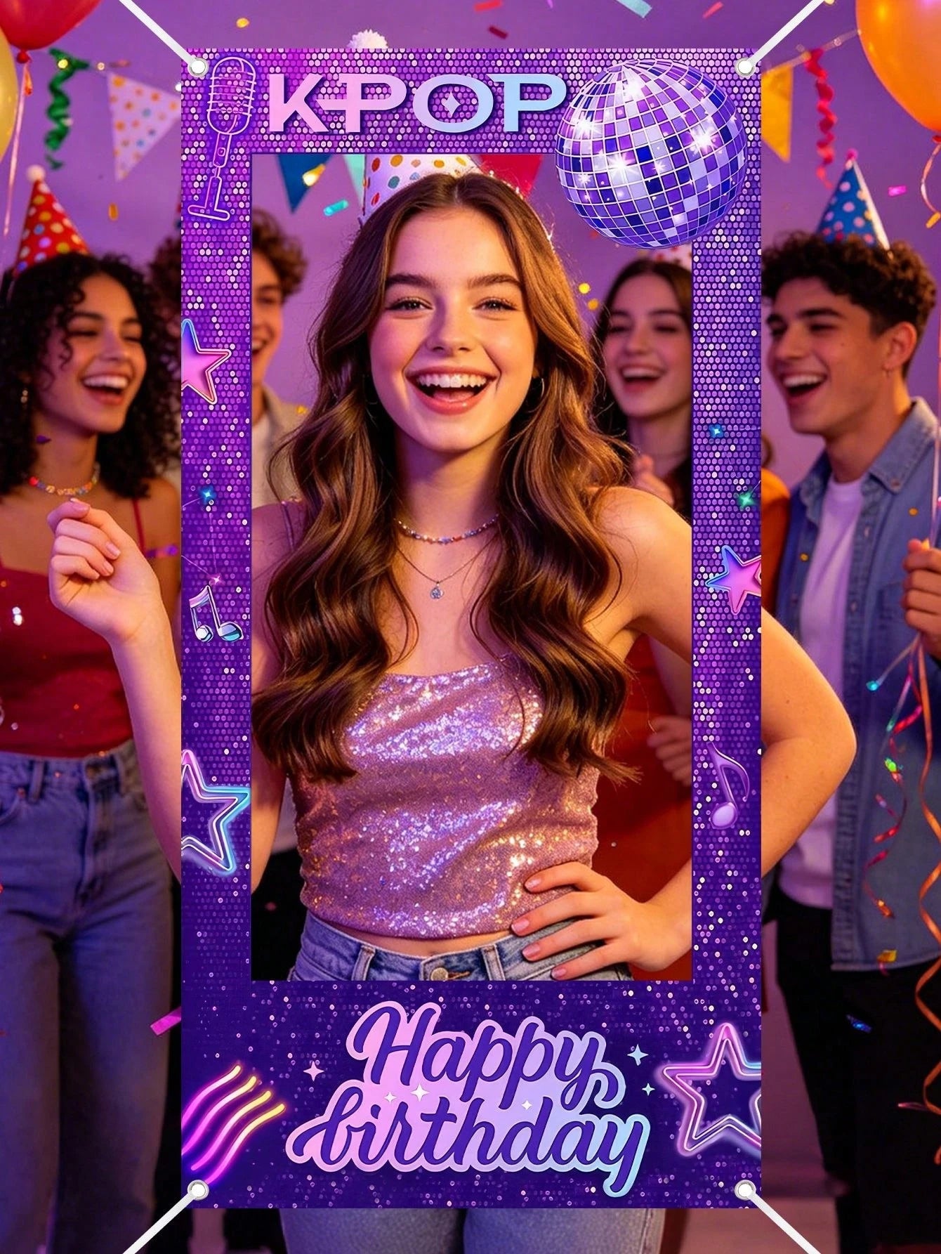 1pc Purple Birthday Photo Booth Frame 120x60cm K-POP Happy Birthday Selfie Photo Backdrop Boys Girls Birthday Party Supplies Background Decor