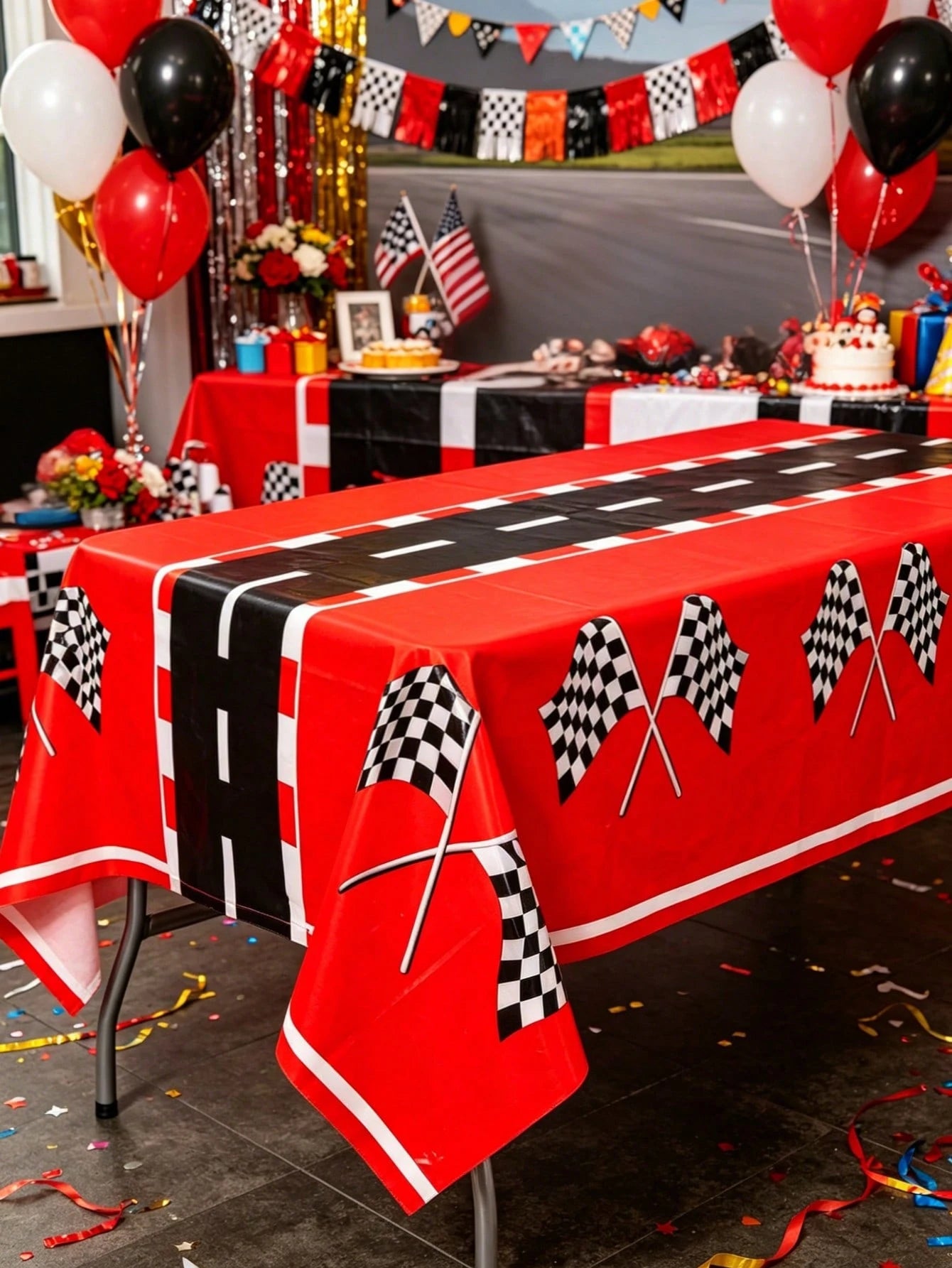 1pc Racing Car Theme Tablecloth, Red & Black Racing Car Design Table Cover, Baby Shower Party Tablecloth, Racing Car Theme Birthday Party Decor, Gender Reveal Party Table Decor, Racing Car Theme Party