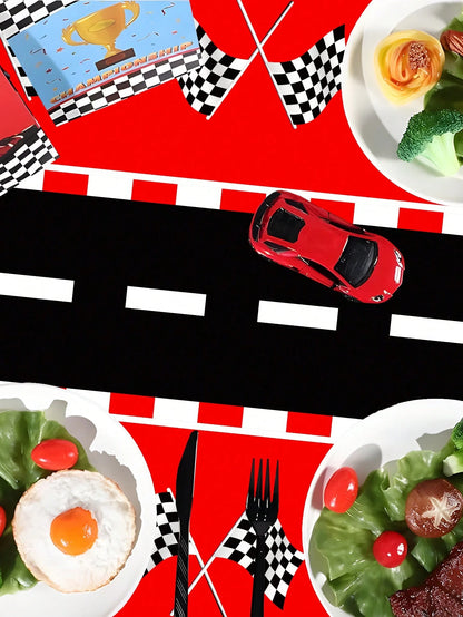 1pc Racing Car Theme Tablecloth, Red & Black Racing Car Design Table Cover, Baby Shower Party Tablecloth, Racing Car Theme Birthday Party Decor, Gender Reveal Party Table Decor, Racing Car Theme Party