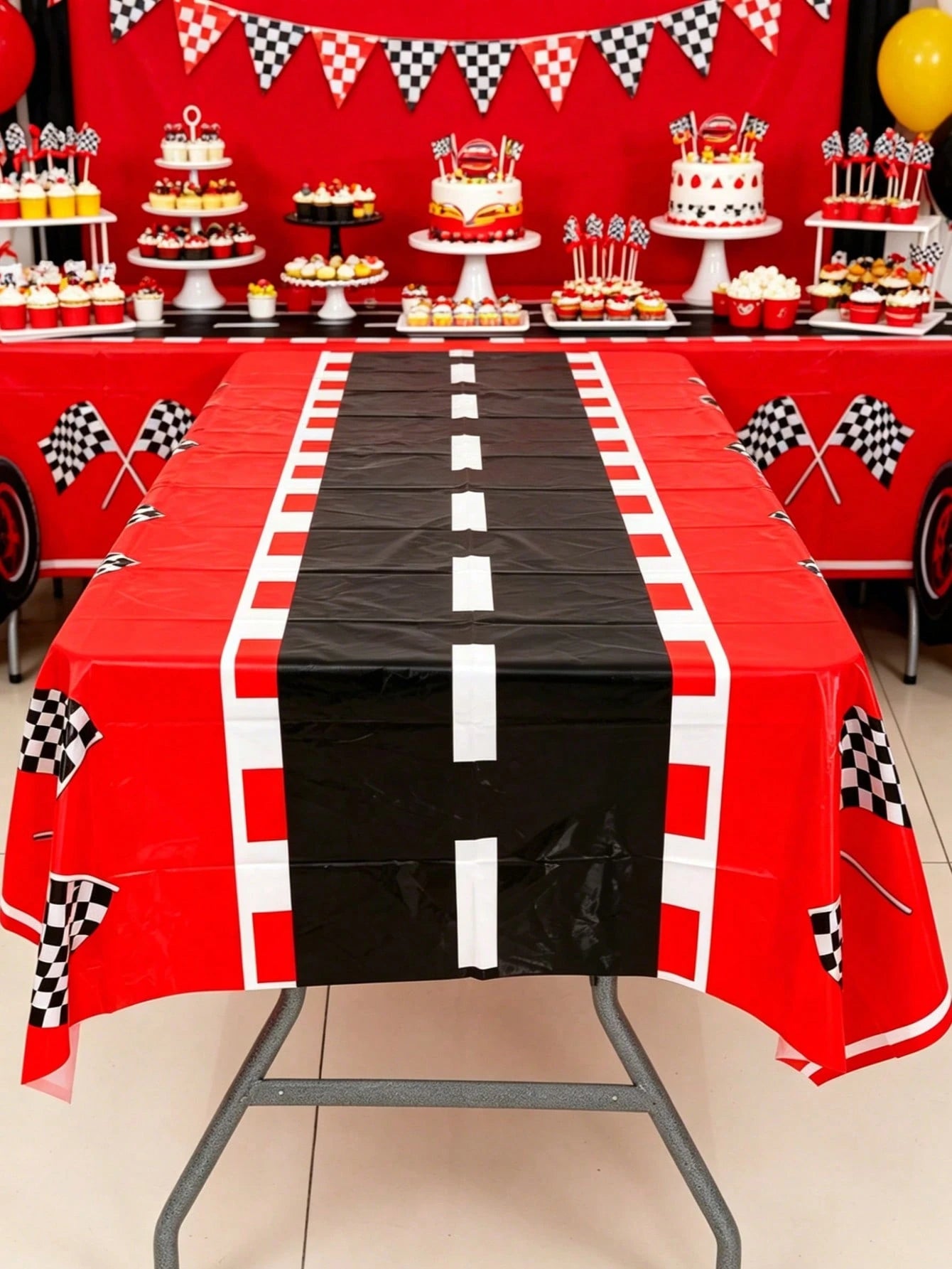 1pc Racing Car Theme Tablecloth, Red & Black Racing Car Design Table Cover, Baby Shower Party Tablecloth, Racing Car Theme Birthday Party Decor, Gender Reveal Party Table Decor, Racing Car Theme Party