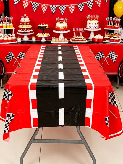 1pc Racing Car Theme Tablecloth, Red & Black Racing Car Design Table Cover, Baby Shower Party Tablecloth, Racing Car Theme Birthday Party Decor, Gender Reveal Party Table Decor, Racing Car Theme Party
