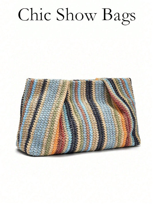 1pc Rainbow Color Woven Clutch Bag, Minimalist & Fashionable, Suitable For Casual/Daily Use, Woven Bag,Straw Bag