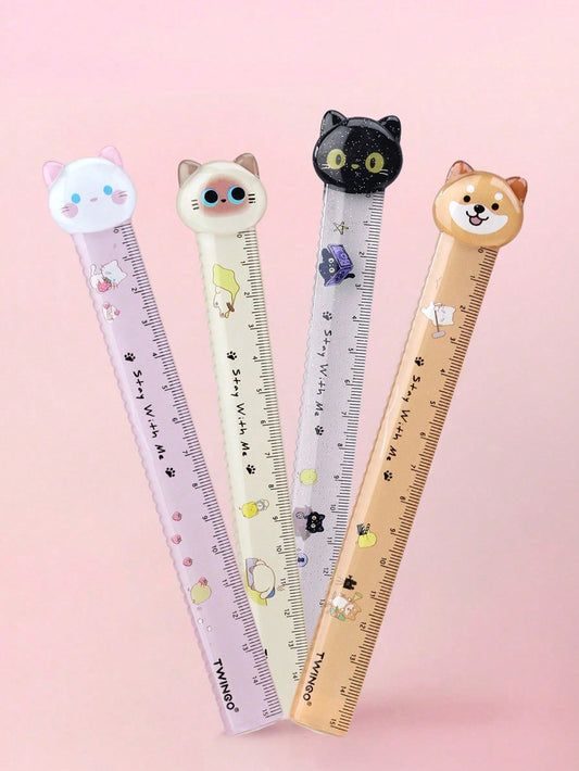 1pc Random Color/4pcs Cartoon Cute Pet Ruler, Furry Town Series Straight Ruler, 15cm Drawing Ruler