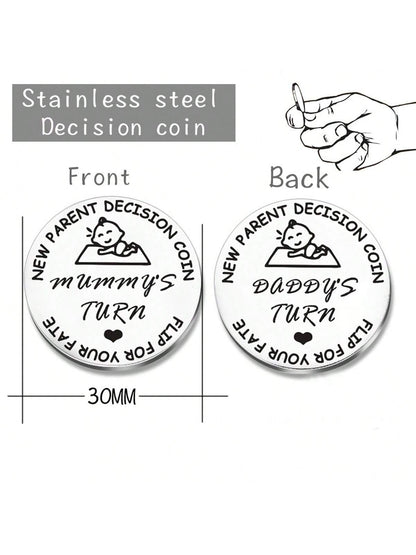1pc Random Pattern Baby Shower Gift For Parents, Mommy & Daddy Decision Maker Coin, Stainless Steel Double-Sided Coin With 'dad's Turn' And 'mom's Turn' For Pregnant Mothers And First-Time Parents As