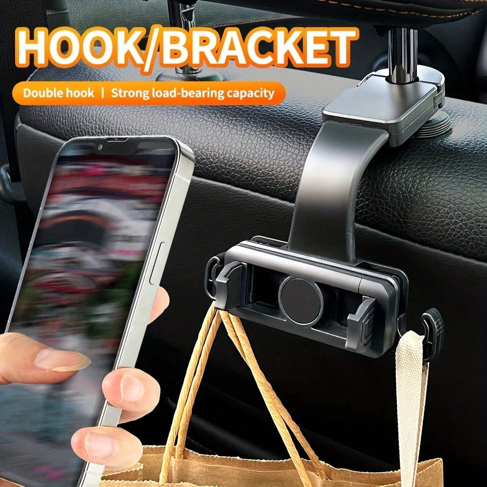 1pc Rear Seat Headrest Phone Holder, 360° Rotatable Adjustable Multi-Function Hanger Hook Type Phone Mount, Suitable For Car Travel, Home Car Accessories