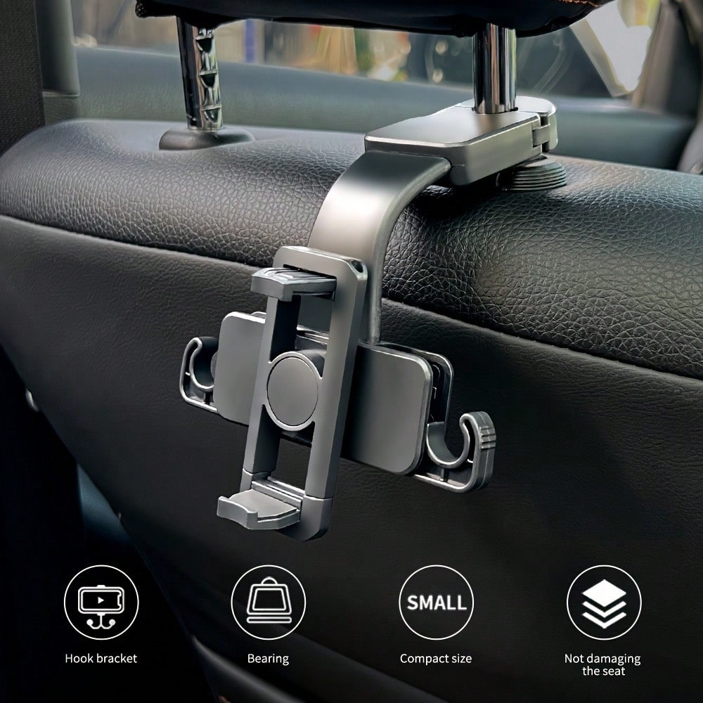 1pc Rear Seat Headrest Phone Holder, 360° Rotatable Adjustable Multi-Function Hanger Hook Type Phone Mount, Suitable For Car Travel, Home Car Accessories