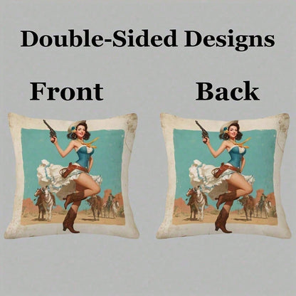 1pc Retro Western Cowgirl Pin-Up Throw Pillow Cover, Short Plush, For Sofa, Living Room, Bedroom, Home Decor, No Insert, Vintage Desert Cowboy Theme