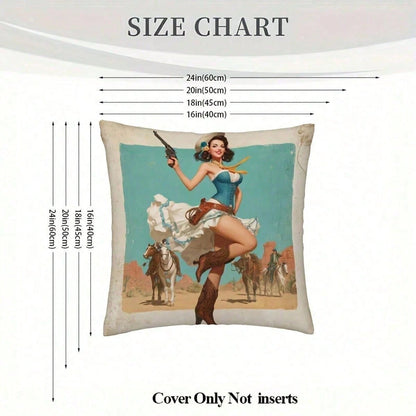 1pc Retro Western Cowgirl Pin-Up Throw Pillow Cover, Short Plush, For Sofa, Living Room, Bedroom, Home Decor, No Insert, Vintage Desert Cowboy Theme