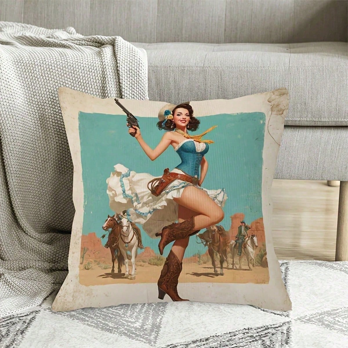 1pc Retro Western Cowgirl Pin-Up Throw Pillow Cover, Short Plush, For Sofa, Living Room, Bedroom, Home Decor, No Insert, Vintage Desert Cowboy Theme