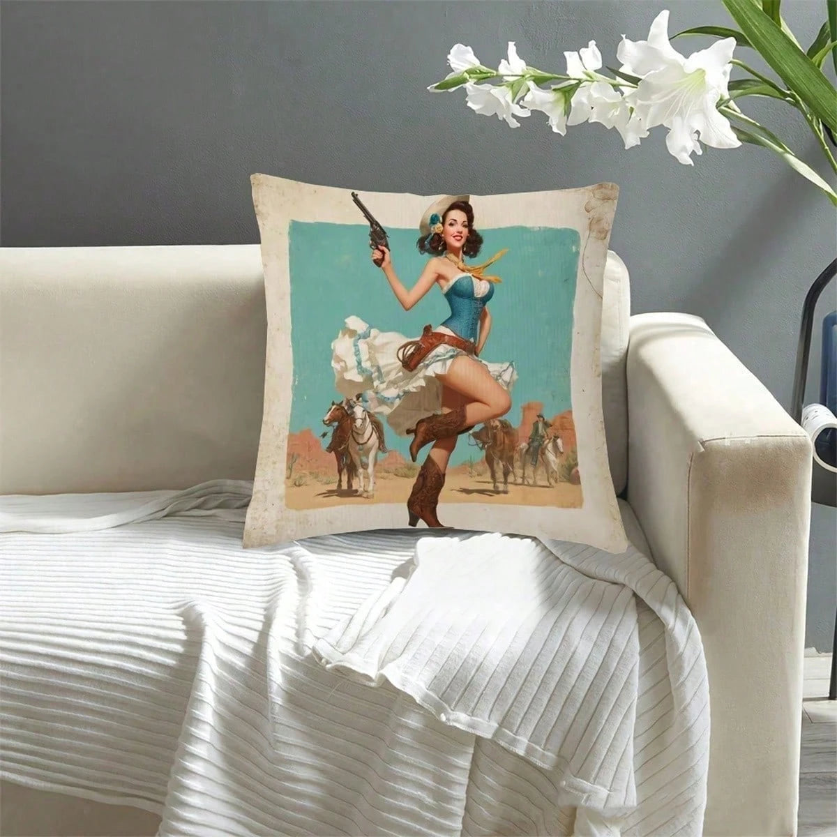 1pc Retro Western Cowgirl Pin-Up Throw Pillow Cover, Short Plush, For Sofa, Living Room, Bedroom, Home Decor, No Insert, Vintage Desert Cowboy Theme