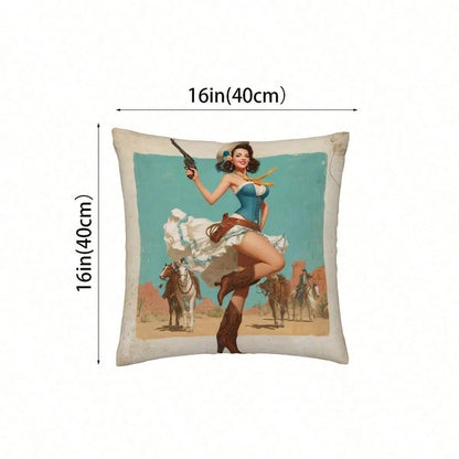 1pc Retro Western Cowgirl Pin-Up Throw Pillow Cover, Short Plush, For Sofa, Living Room, Bedroom, Home Decor, No Insert, Vintage Desert Cowboy Theme
