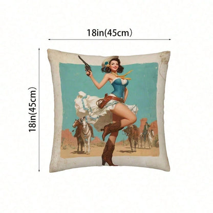 1pc Retro Western Cowgirl Pin-Up Throw Pillow Cover, Short Plush, For Sofa, Living Room, Bedroom, Home Decor, No Insert, Vintage Desert Cowboy Theme
