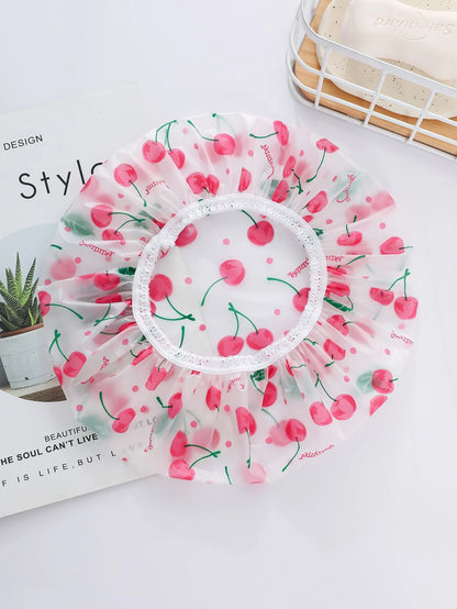 1pc Reusable PEVA Shower Cap, Cherry Print Elastic Waterproof High Multifunctional Bathing Caps For Bathroom Home Bathroom Decor Fall Decor Back To School